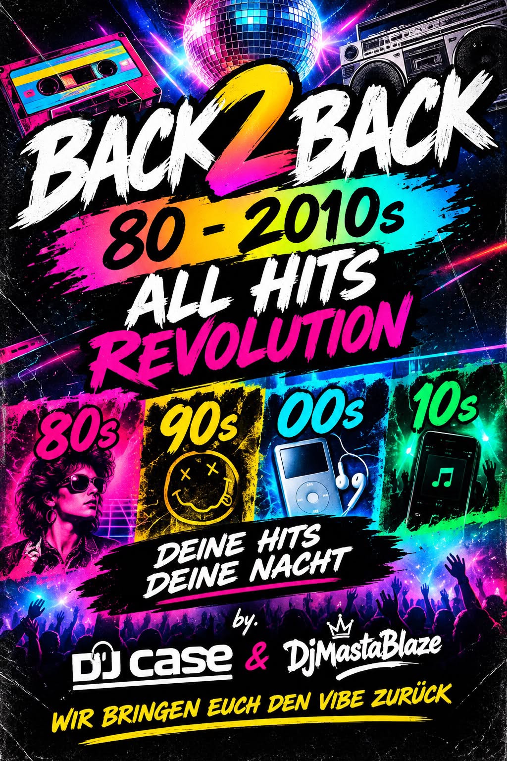 Ankündigung der neuen Partyreihe Back2Back 80 bis 2010s All Hits Revolution von DJ Case und DjMastaBlaze: Deine Hits, deine Nacht